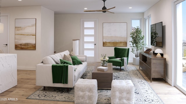 651 N Ironwood Dr Unit 8, Apache Junction, AZ 85120 - living room featuring light wood finished floors, ceiling fan, recessed lighting, and baseboards