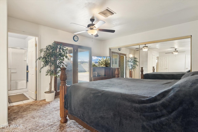 bedroom featuring carpet floors, access to outside, and ceiling fan