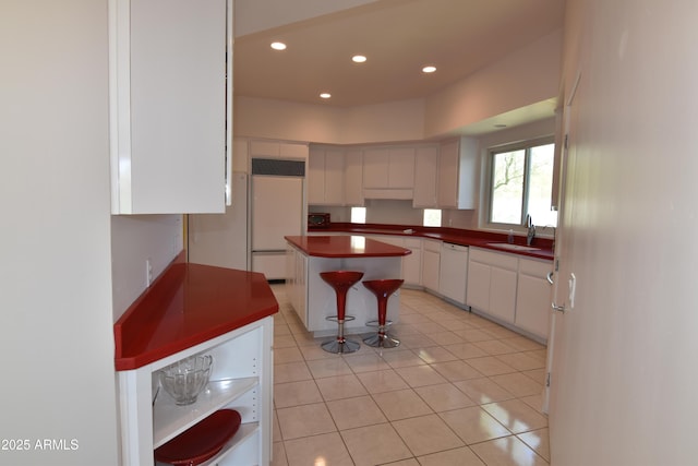 2570 E Manzanita St, Apache Junction, AZ 85119 - kitchen featuring white appliances, dark countertops, recessed lighting, white cabinets, and light tile patterned flooring