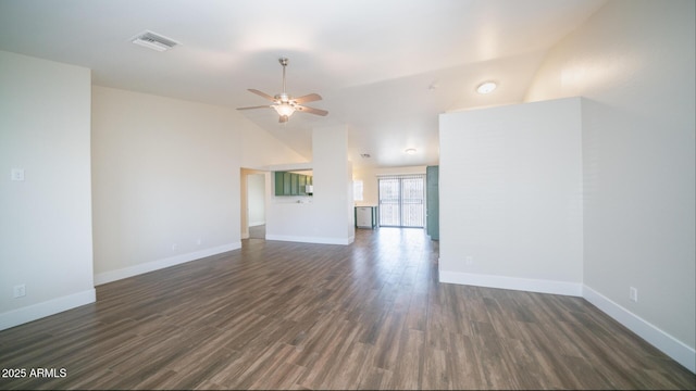 unfurnished living room with lofted ceiling, ceiling fan, and dark hardwood / wood-style floors