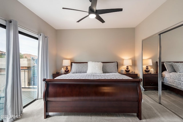 bedroom featuring access to exterior, ceiling fan, and light colored carpet