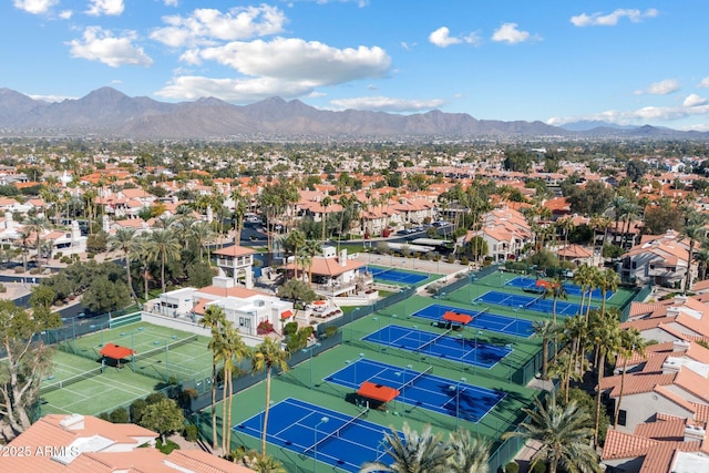 birds eye view of property with a residential view and a mountain view