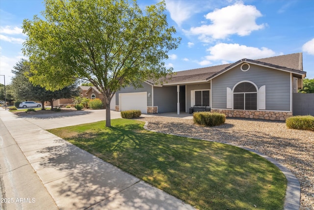 20464 E Bronco Dr, Queen Creek, AZ 85142 - ranch-style home featuring concrete driveway, a garage, a front lawn, and stone siding