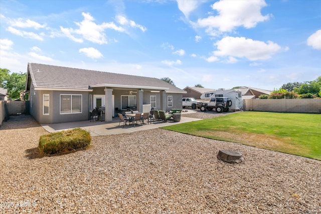 20464 E Bronco Dr, Queen Creek, AZ 85142 - rear view of property featuring a fenced backyard, ceiling fan, stucco siding, and a patio