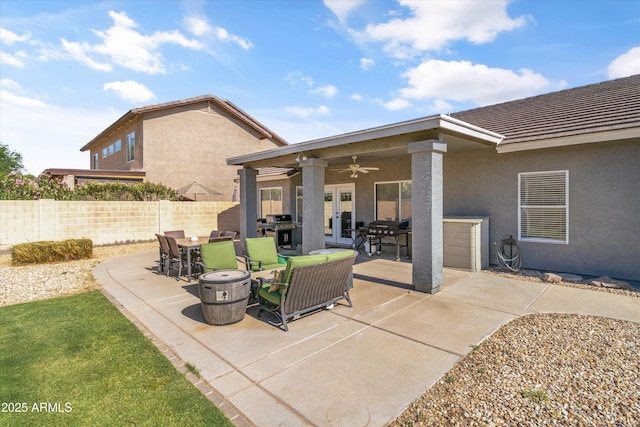 20464 E Bronco Dr, Queen Creek, AZ 85142 - view of patio with a ceiling fan, french doors, area for grilling, and outdoor dining area