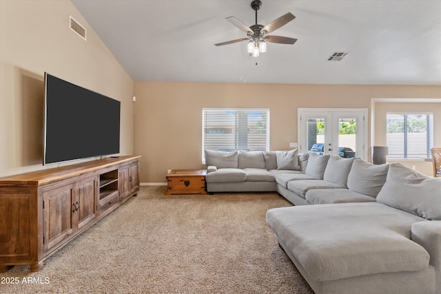 20464 E Bronco Dr, Queen Creek, AZ 85142 - living area with french doors, light carpet, vaulted ceiling, and ceiling fan