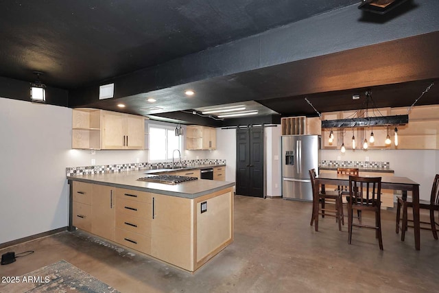 5634 N 39th Ave, Phoenix, AZ 85019 - kitchen featuring open shelves, finished concrete flooring, light brown cabinets, stainless steel appliances, and a peninsula