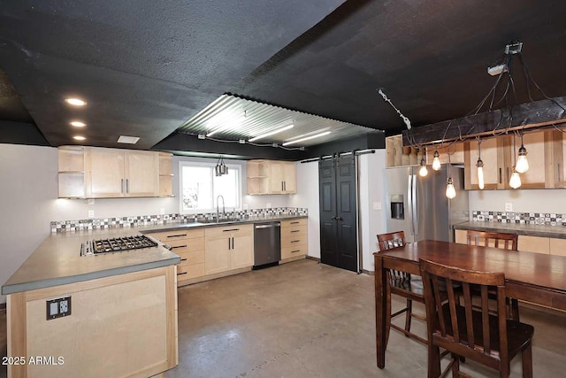 5634 N 39th Ave, Phoenix, AZ 85019 - kitchen featuring light brown cabinets, open shelves, stainless steel appliances, and a barn door