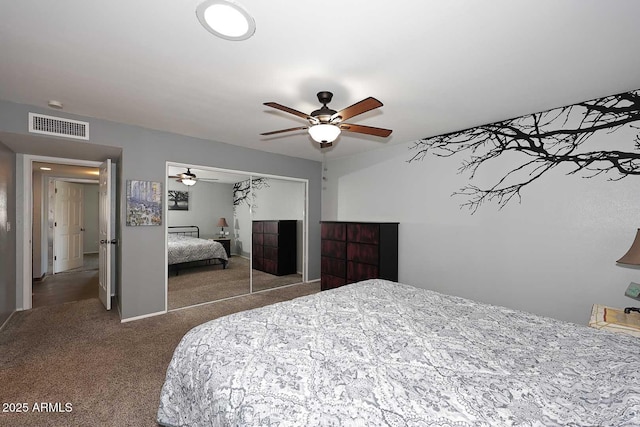 5634 N 39th Ave, Phoenix, AZ 85019 - bedroom with carpet floors, a ceiling fan, visible vents, and a closet