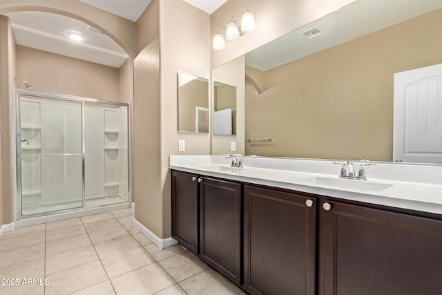 bathroom with a sink, tile patterned flooring, a stall shower, and visible vents