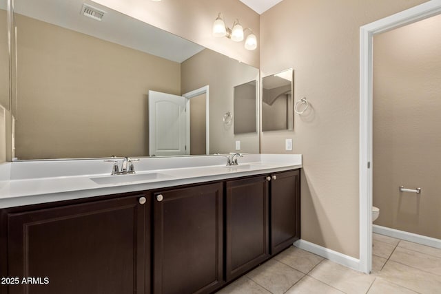 full bath featuring a sink, toilet, visible vents, tile patterned floors, and double vanity