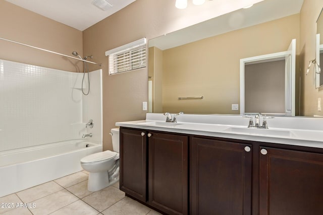 full bathroom with a sink, tile patterned flooring, toilet, and double vanity