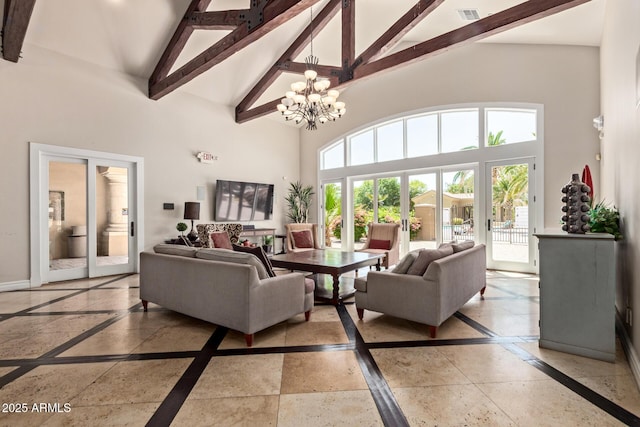 living room with a chandelier, beamed ceiling, high vaulted ceiling, and visible vents