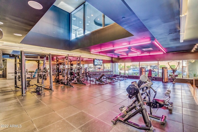 workout area featuring a high ceiling