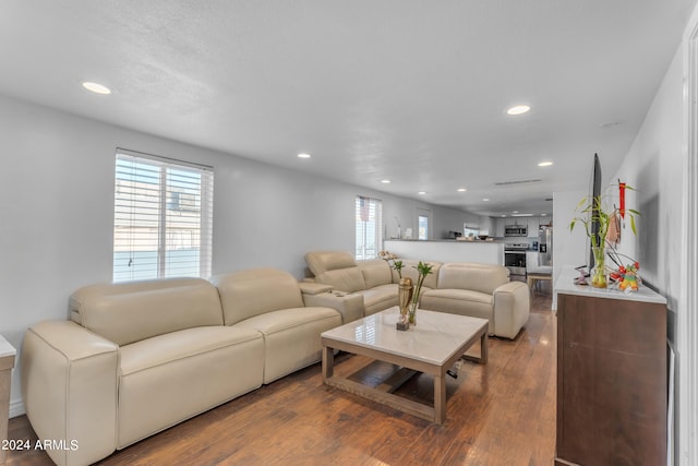 living room featuring a wealth of natural light and dark hardwood / wood-style floors