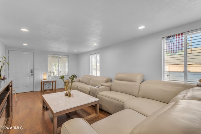 living room with hardwood / wood-style floors and a textured ceiling