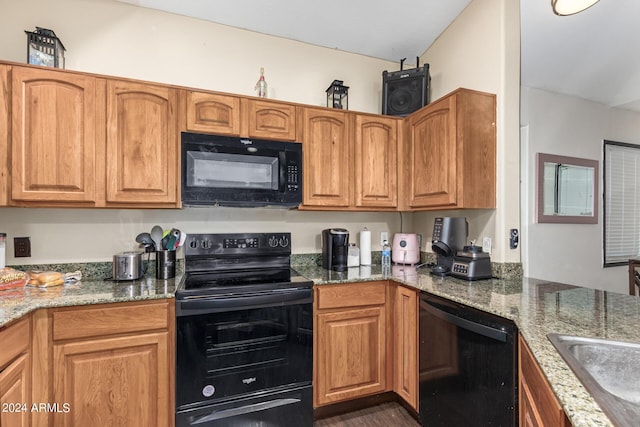 4243 E Jasper Dr, Gilbert, AZ 85296 - kitchen with black appliances, a sink, light stone countertops, and dark wood-style flooring