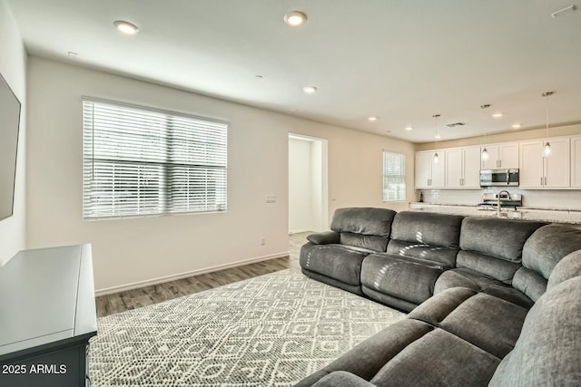 living room with dark wood-type flooring