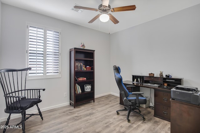 office featuring ceiling fan and light wood-type flooring