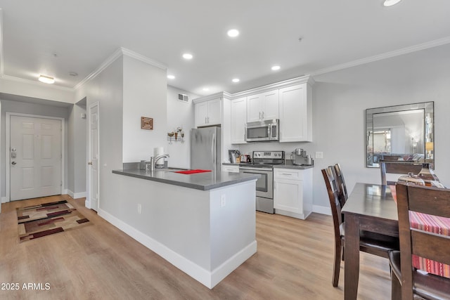 kitchen with white cabinetry, crown molding, light wood-type flooring, appliances with stainless steel finishes, and kitchen peninsula