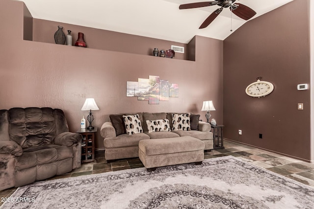 living area with lofted ceiling, ceiling fan, visible vents, and baseboards