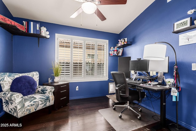 home office featuring lofted ceiling, ceiling fan, and hardwood / wood-style flooring