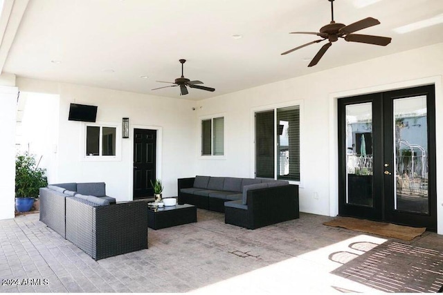 view of patio / terrace featuring ceiling fan, french doors, and an outdoor hangout area