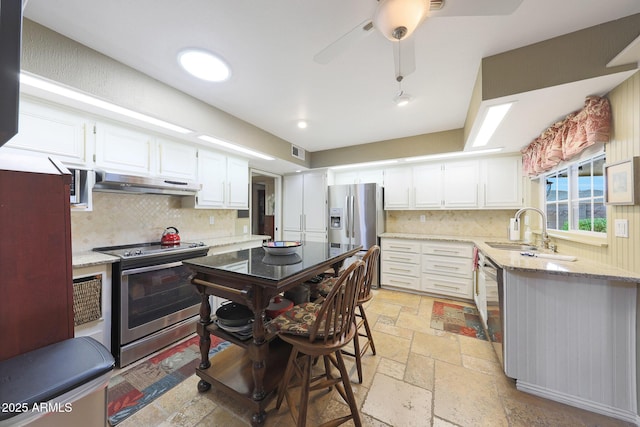 kitchen with a sink, stone tile floors, stainless steel appliances, decorative backsplash, and under cabinet range hood
