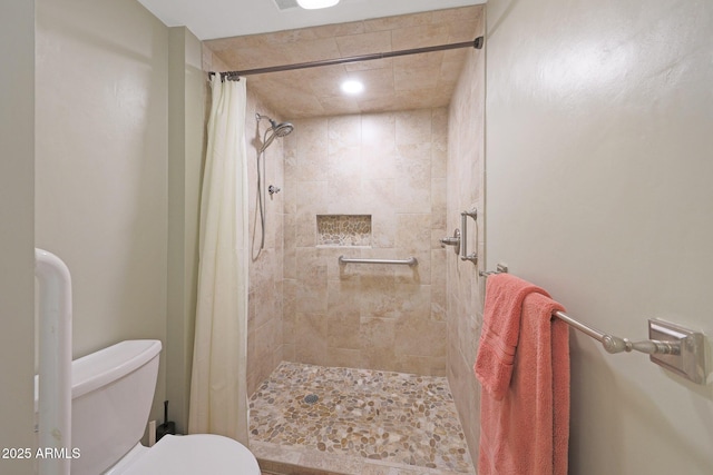 bathroom with a stall shower and toilet
