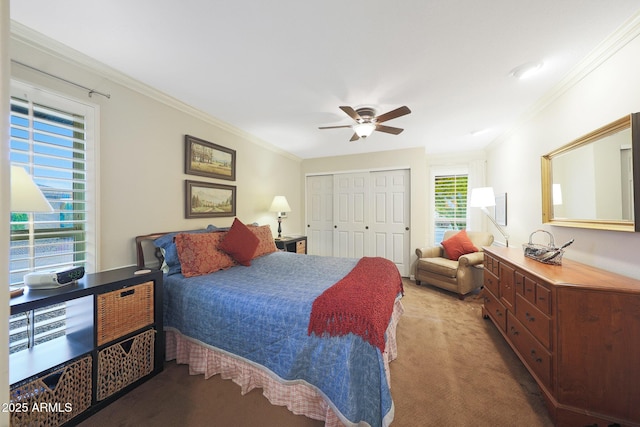 bedroom with crown molding, carpet flooring, a ceiling fan, and a closet