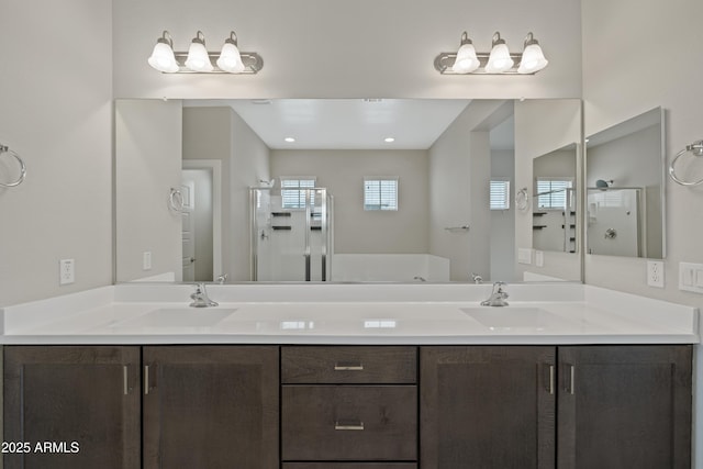 bathroom featuring vanity and an enclosed shower