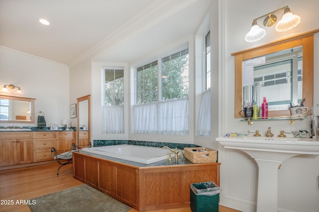 19125 N Lower Territory Rd, Prescott, AZ 86305 - full bathroom with crown molding, a bath, wood finished floors, and vanity