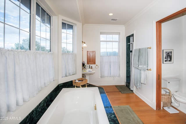 19125 N Lower Territory Rd, Prescott, AZ 86305 - bathroom featuring wood finished floors, a garden tub, crown molding, and recessed lighting