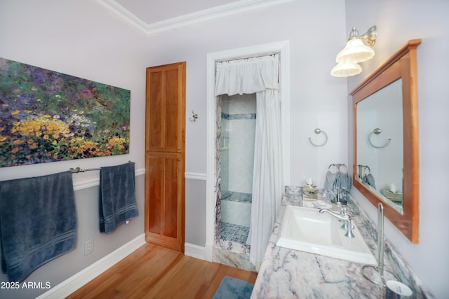 19125 N Lower Territory Rd, Prescott, AZ 86305 - bathroom with a stall shower, vanity, wood finished floors, and ornamental molding