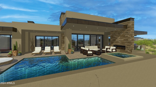 back of house featuring a patio, stucco siding, an outdoor living space with a fireplace, an in ground hot tub, and stone siding