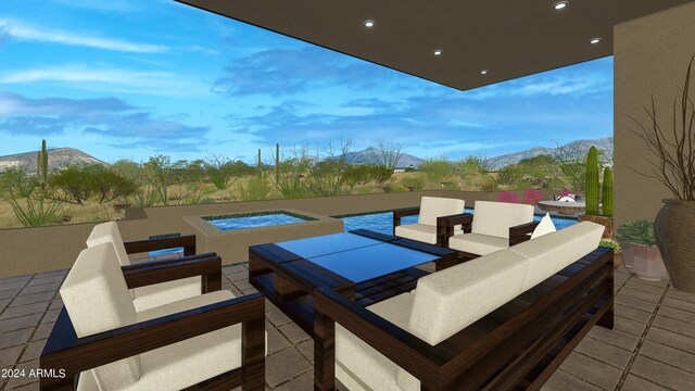 exterior space with an in ground hot tub, an outdoor living space, and a mountain view