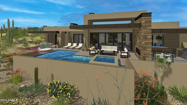 back of house featuring an outdoor living space with a fireplace, a patio area, and a swimming pool