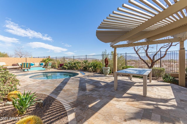 view of pool featuring a fenced in pool, a patio area, a pergola, and a fenced backyard