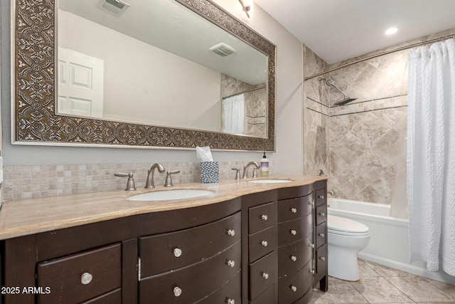 14058 S 24th Way, Phoenix, AZ 85048 - bathroom featuring double vanity, shower / bath combination with curtain, tile patterned floors, and tasteful backsplash