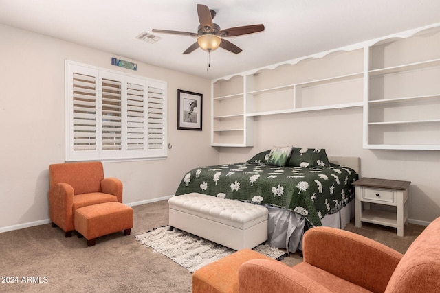 bedroom with ceiling fan and carpet