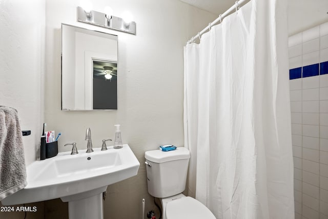 bathroom featuring sink, a shower with shower curtain, and toilet