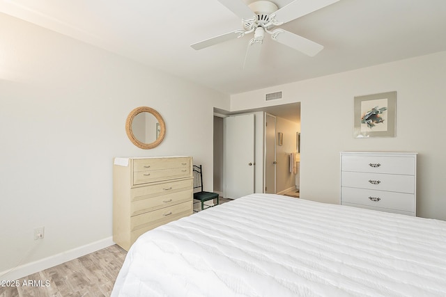 4554 E Paradise Village Pkwy N Unit 249, Phoenix, AZ 85032 - bedroom featuring ensuite bath, baseboards, visible vents, light wood-style floors, and ceiling fan