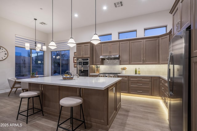 kitchen with stainless steel appliances, decorative light fixtures, an island with sink, and light wood-type flooring