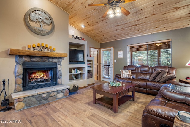 living room featuring wooden ceiling, built in shelves, wood finished floors, vaulted ceiling, and a fireplace