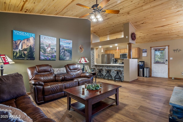 living area featuring ceiling fan, high vaulted ceiling, wood finished floors, and wood ceiling