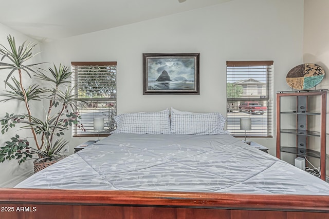 bedroom featuring lofted ceiling