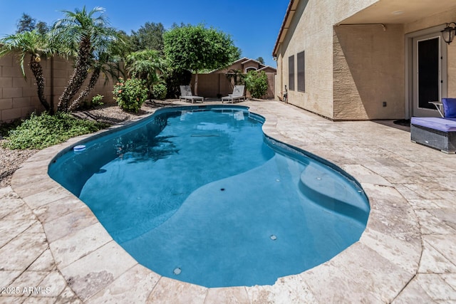 view of pool with a patio, a fenced backyard, and a fenced in pool