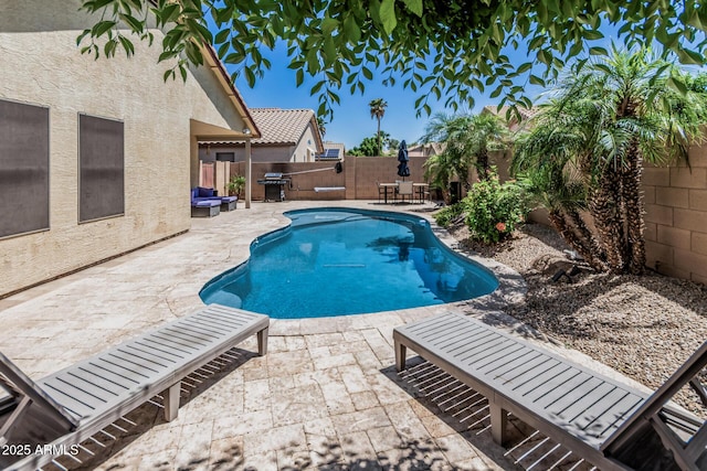 view of swimming pool with a fenced backyard, a fenced in pool, a patio, and a grill