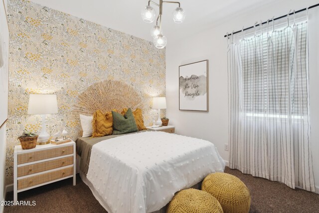 bedroom featuring dark colored carpet