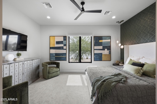 carpeted bedroom featuring visible vents, mail area, ceiling fan, and recessed lighting
